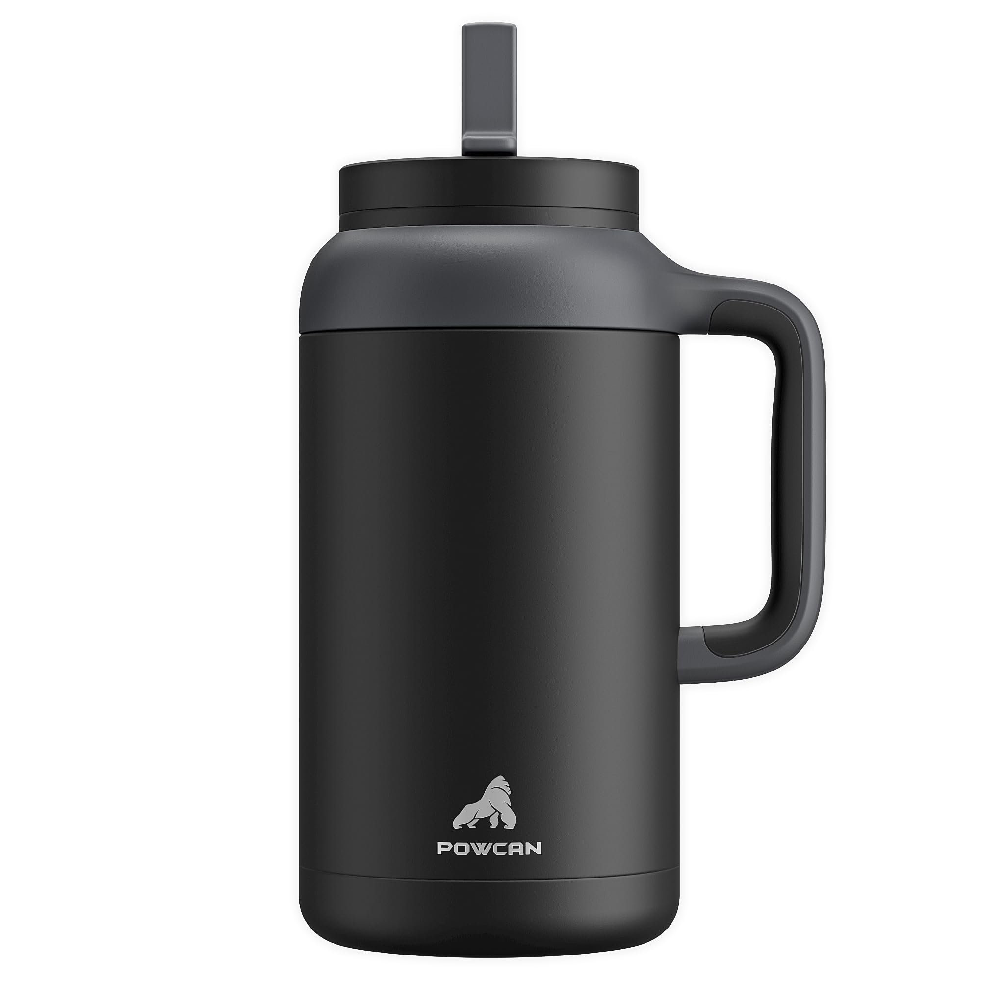 POWCAN 64 oz Mug Tumbler with Handle 2-in-1 Straw Lid Keeps Cold for 36 Hours Dishwasher Safe Leakproof Non-slip Base Stainless Steel Insulated Water Bottle for Home Office and Gym (Midnight)