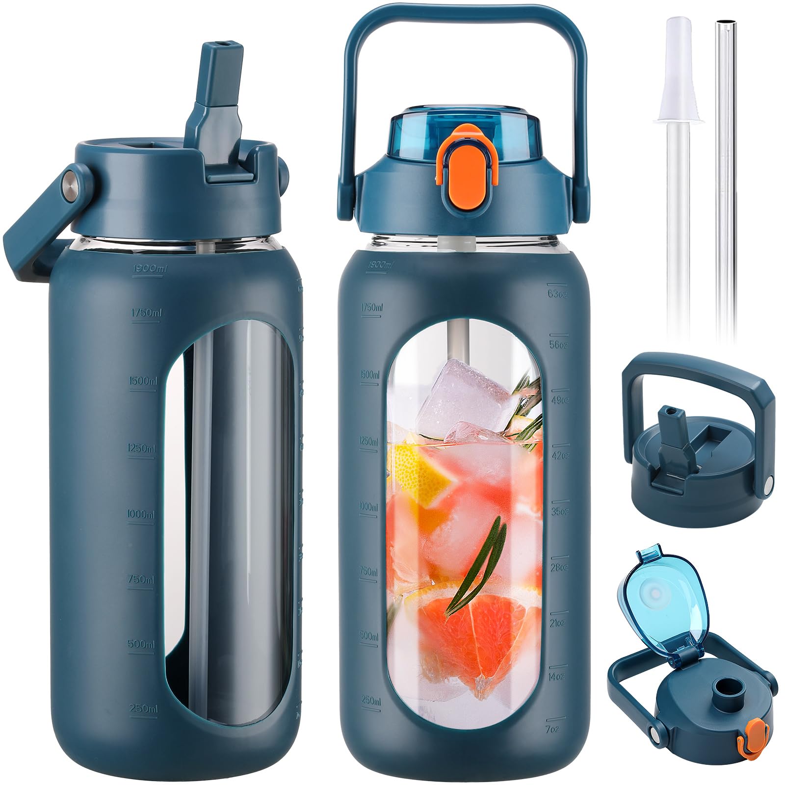 BLUEGO 64oz Glass Water Bottles with 2 Lids Flip Lid and Spout Lid Half Gallon Water Bottle with Straw 2L Large Water Bottle with Time and Capacity Markers for Gym Home Office Leak-proof Dark Blue
