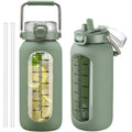 kytffu 64 oz Glass Water Bottle with Straw and Stainless Steel Handle Half Gallon Water Bottle with Silicone Sleeve and Time Marker 2L Large Glass Bottle for Gym School Travel Leak-proof (olive)