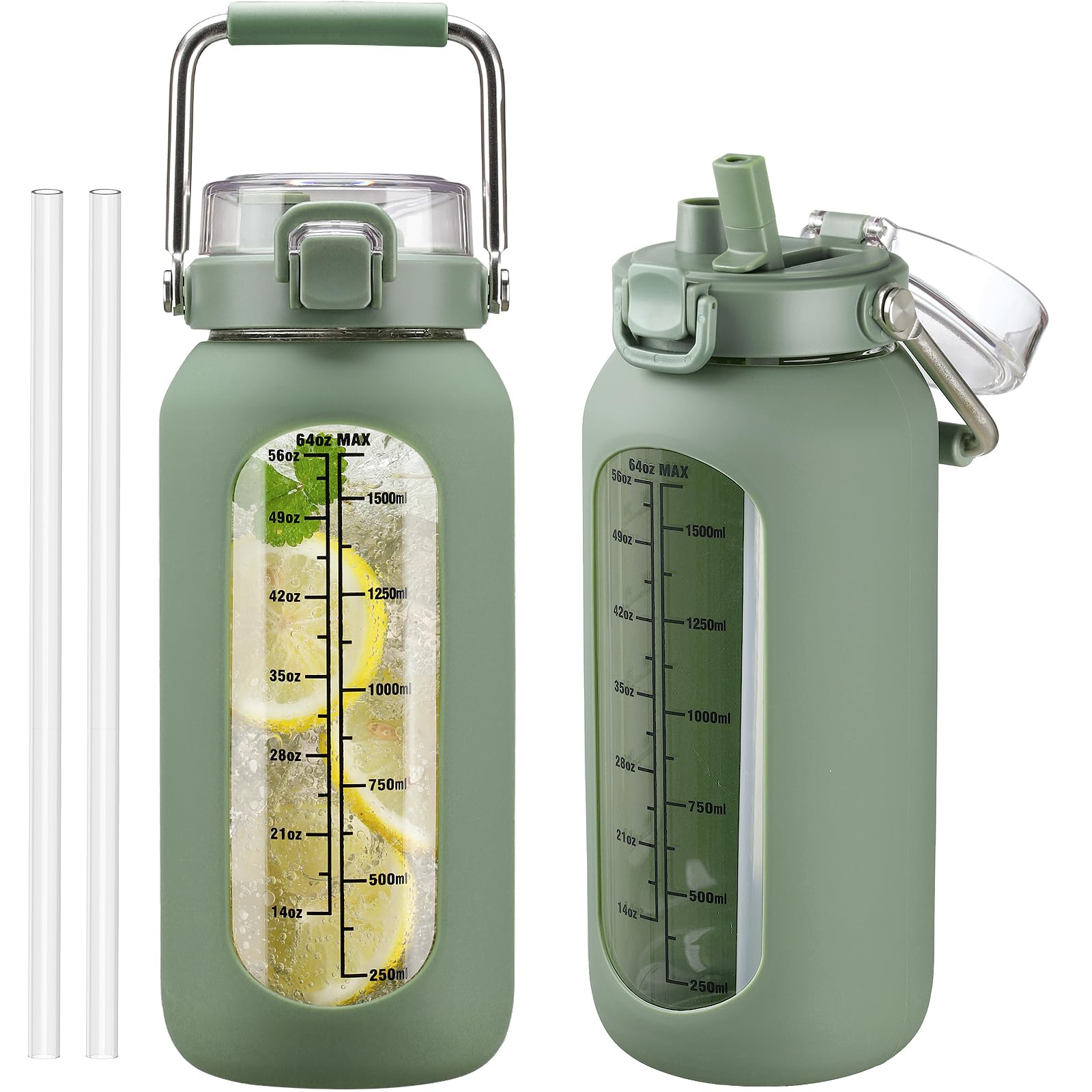 kytffu 64 oz Glass Water Bottle with Straw and Stainless Steel Handle Half Gallon Water Bottle with Silicone Sleeve and Time Marker 2L Large Glass Bottle for Gym School Travel Leak-proof (olive)